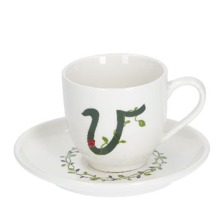 LA PORCELLANA BIANCA SOLOTUA TAZZA CAFFE' CC. 85 CON PIATTINO LETTERA "V"